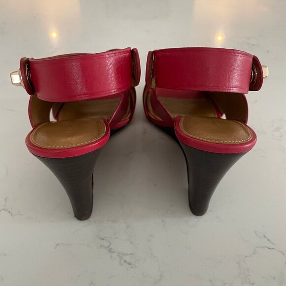 Coach Rosanne Wedge Manmade Cross Strap Sandal Turnlock Gold Hard Red Brown 9.5B - Picture 5 of 13